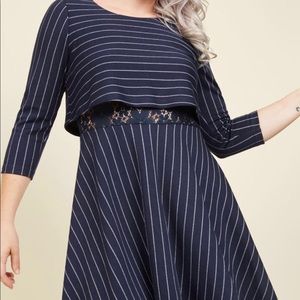 Navy stripe A-line dress with sheer lace panel